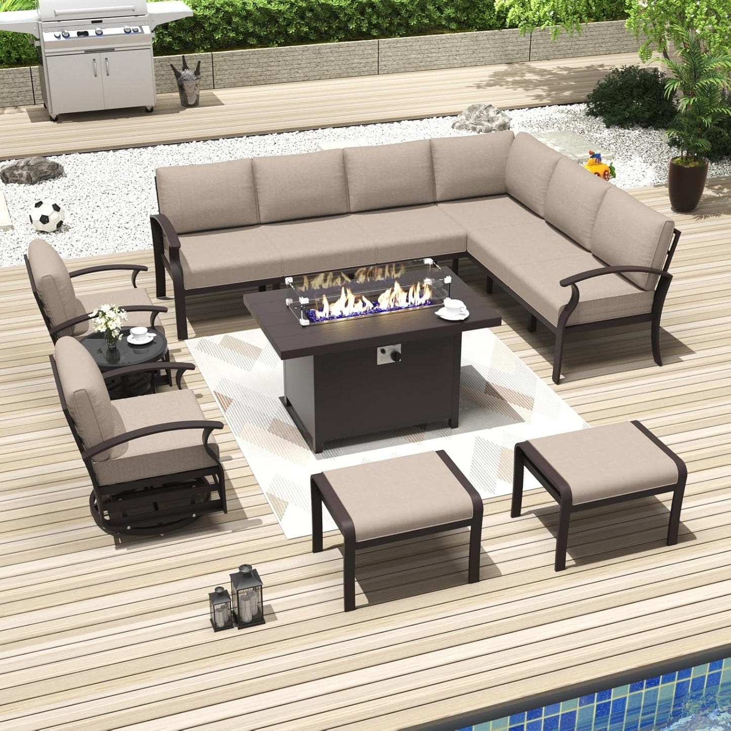 Ensemble de canapés d'angle en aluminium, ensemble de canapés d'extérieur pour patio avec accoudoirs et repose-pieds