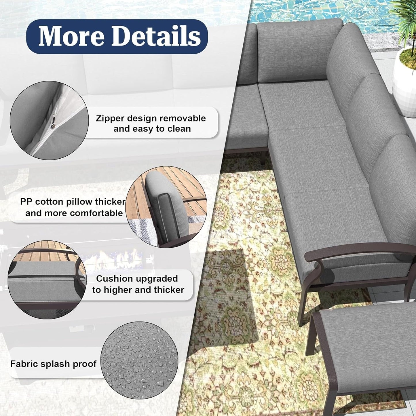 Ensemble de canapés d'angle en aluminium, ensemble de canapés d'extérieur pour patio avec accoudoirs et repose-pieds