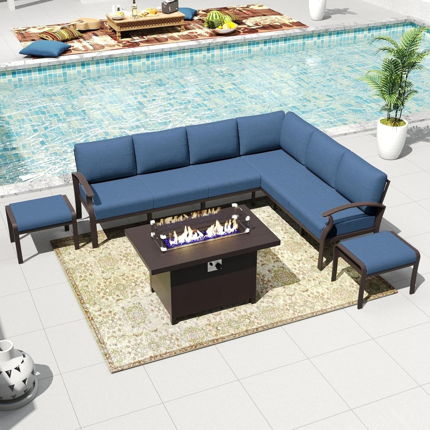 Ensemble de canapés d'angle en aluminium, ensemble de canapés d'extérieur pour patio avec accoudoirs et repose-pieds
