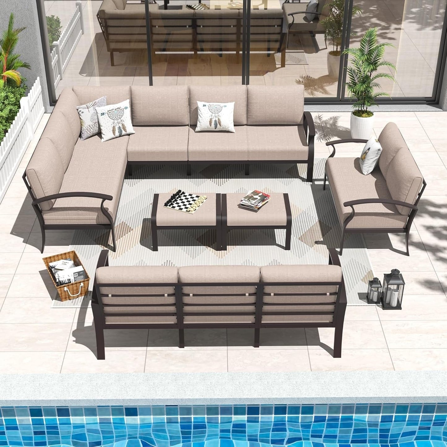 Ensemble de canapés d'angle en aluminium, ensemble de canapés d'extérieur pour patio avec accoudoirs et repose-pieds