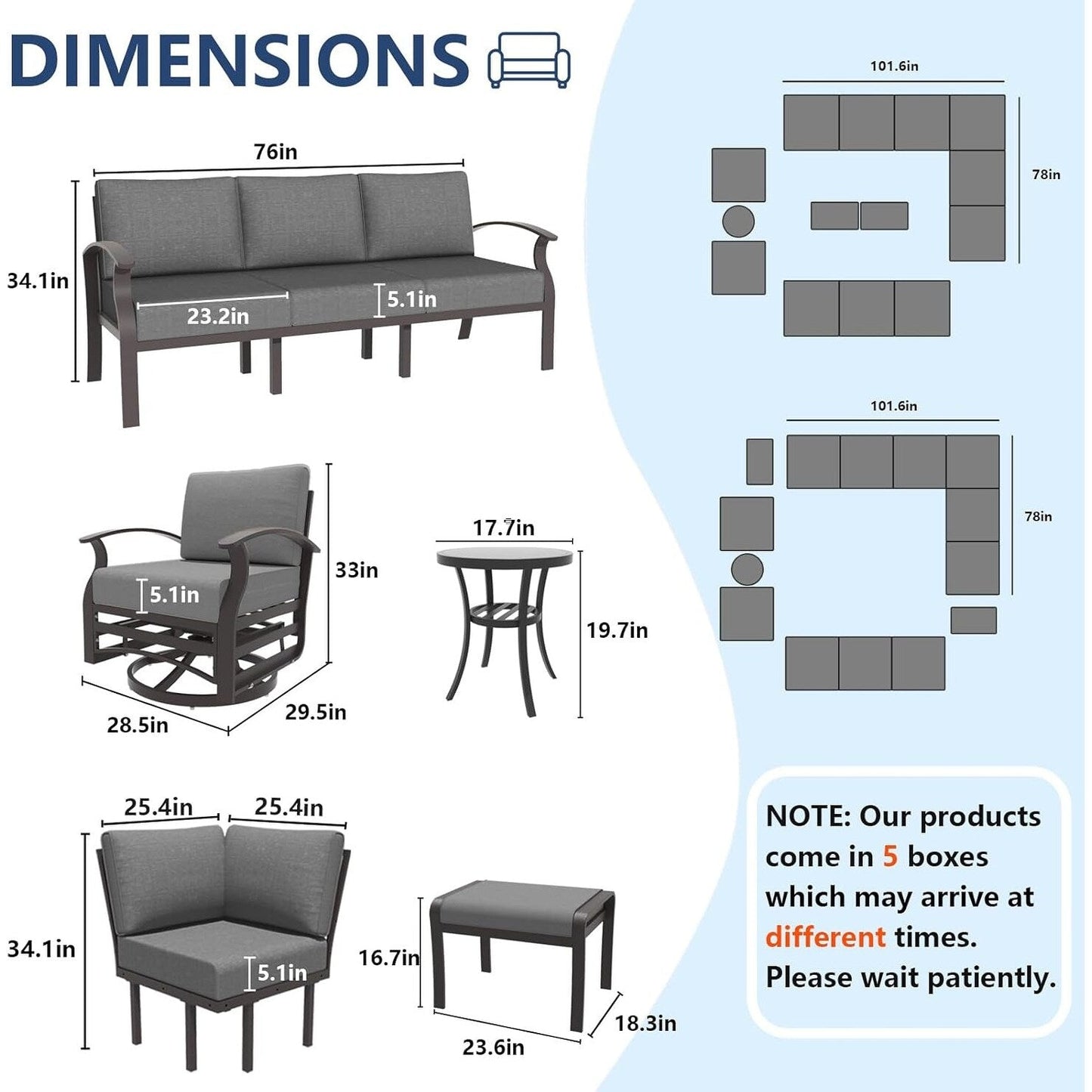 Ensemble de canapés d'angle en aluminium, ensemble de canapés d'extérieur pour patio avec accoudoirs et repose-pieds