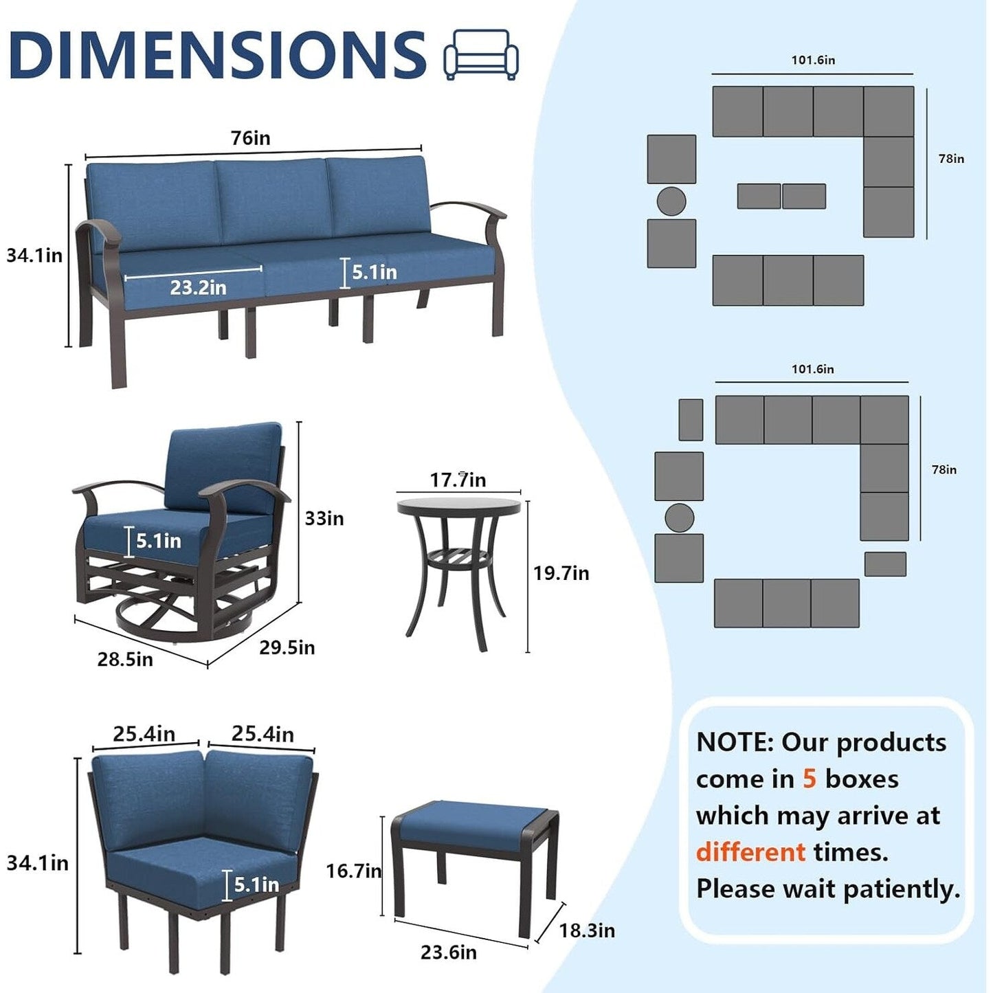 Ensemble de canapés d'angle en aluminium, ensemble de canapés d'extérieur pour patio avec accoudoirs et repose-pieds