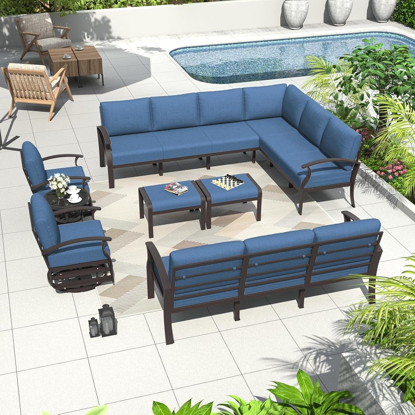 Ensemble de canapés d'angle en aluminium, ensemble de canapés d'extérieur pour patio avec accoudoirs et repose-pieds