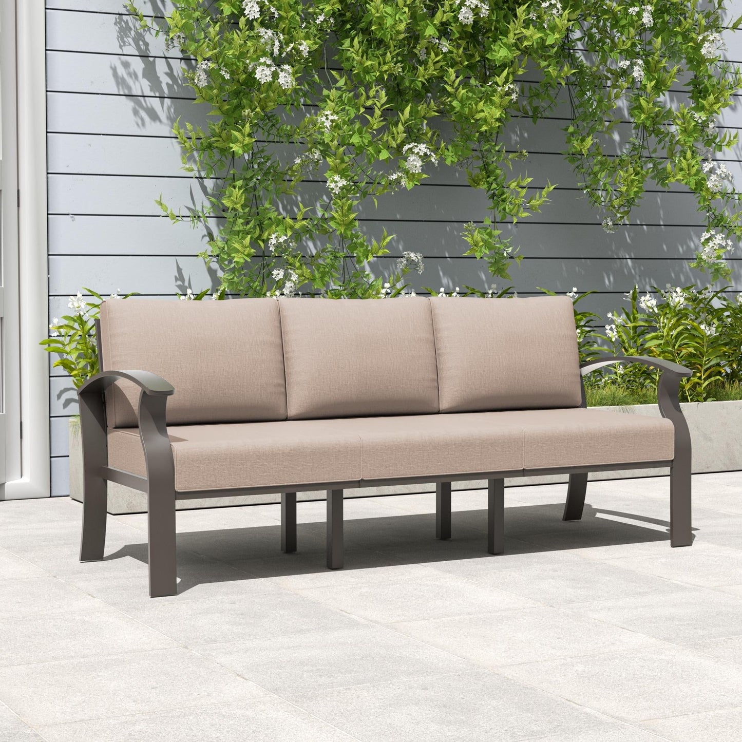 Ensemble de meubles de jardin en aluminium avec foyer, poufs, chaises pivotantes et canapé sectionnel avec coussins épais pour véranda et jardin