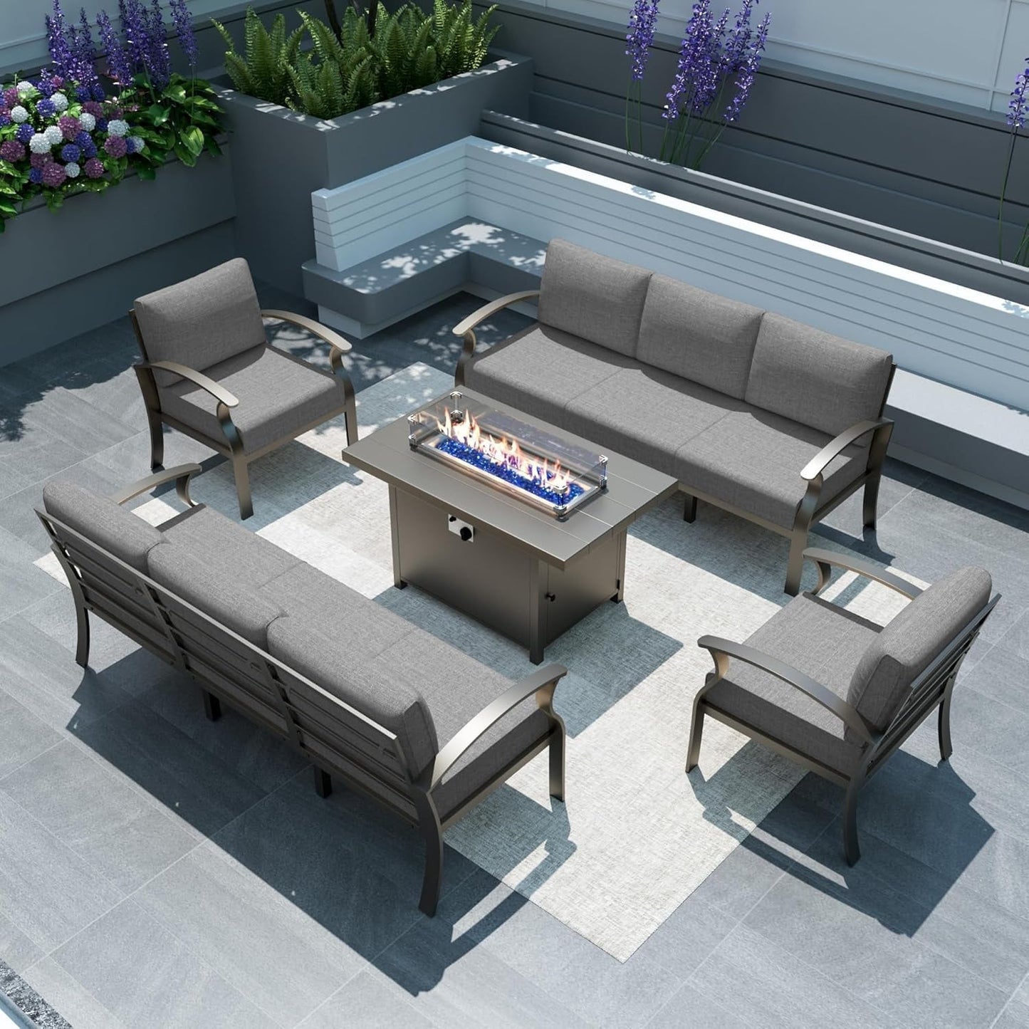 Ensemble de meubles de jardin en aluminium avec foyer, poufs, chaises pivotantes et canapé sectionnel avec coussins épais pour véranda et jardin