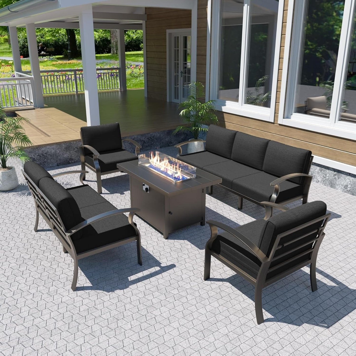 Ensemble de meubles de jardin en aluminium avec foyer, poufs, chaises pivotantes et canapé sectionnel avec coussins épais pour véranda et jardin
