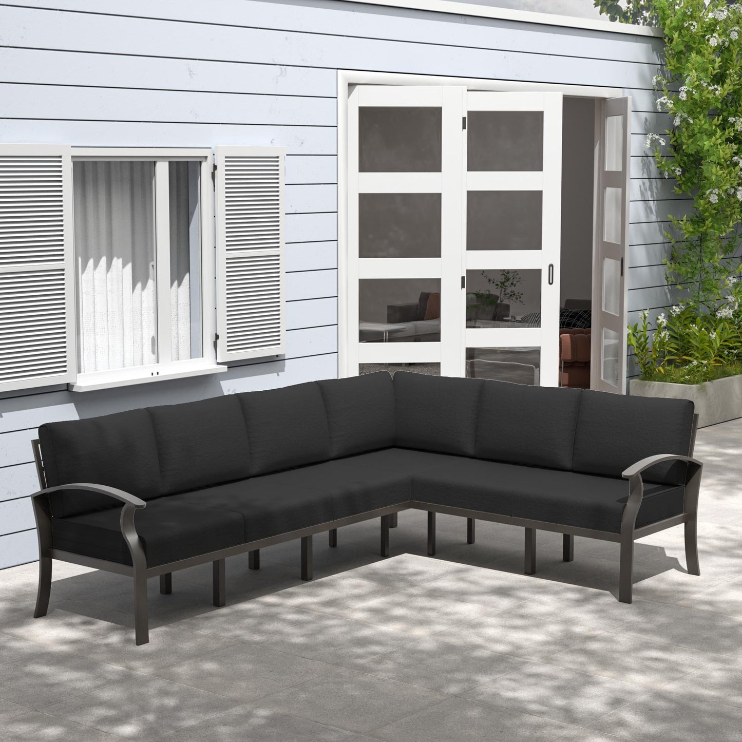 Ensemble de meubles de jardin en aluminium avec foyer, poufs, chaises pivotantes et canapé sectionnel avec coussins épais pour véranda et jardin