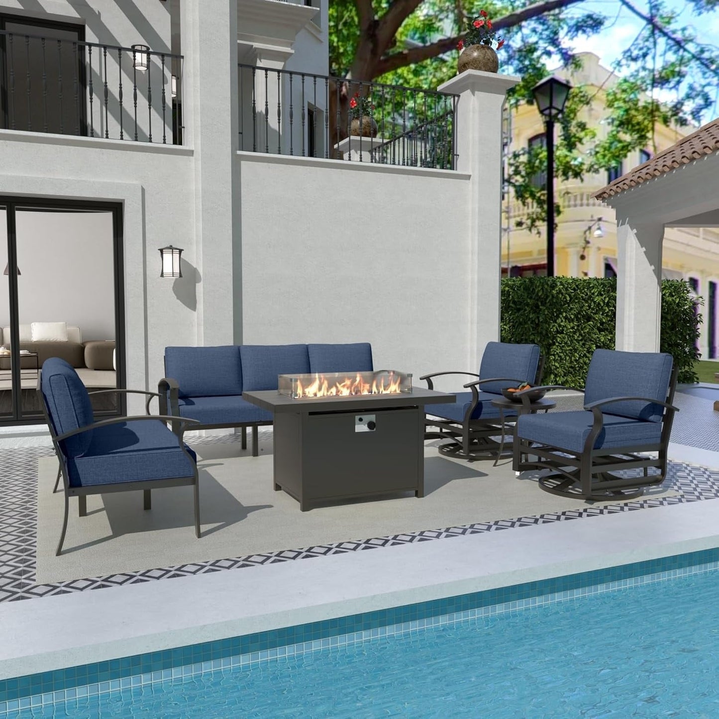 Ensemble de meubles de jardin en aluminium avec foyer, poufs, chaises pivotantes et canapé sectionnel avec coussins épais pour véranda et jardin