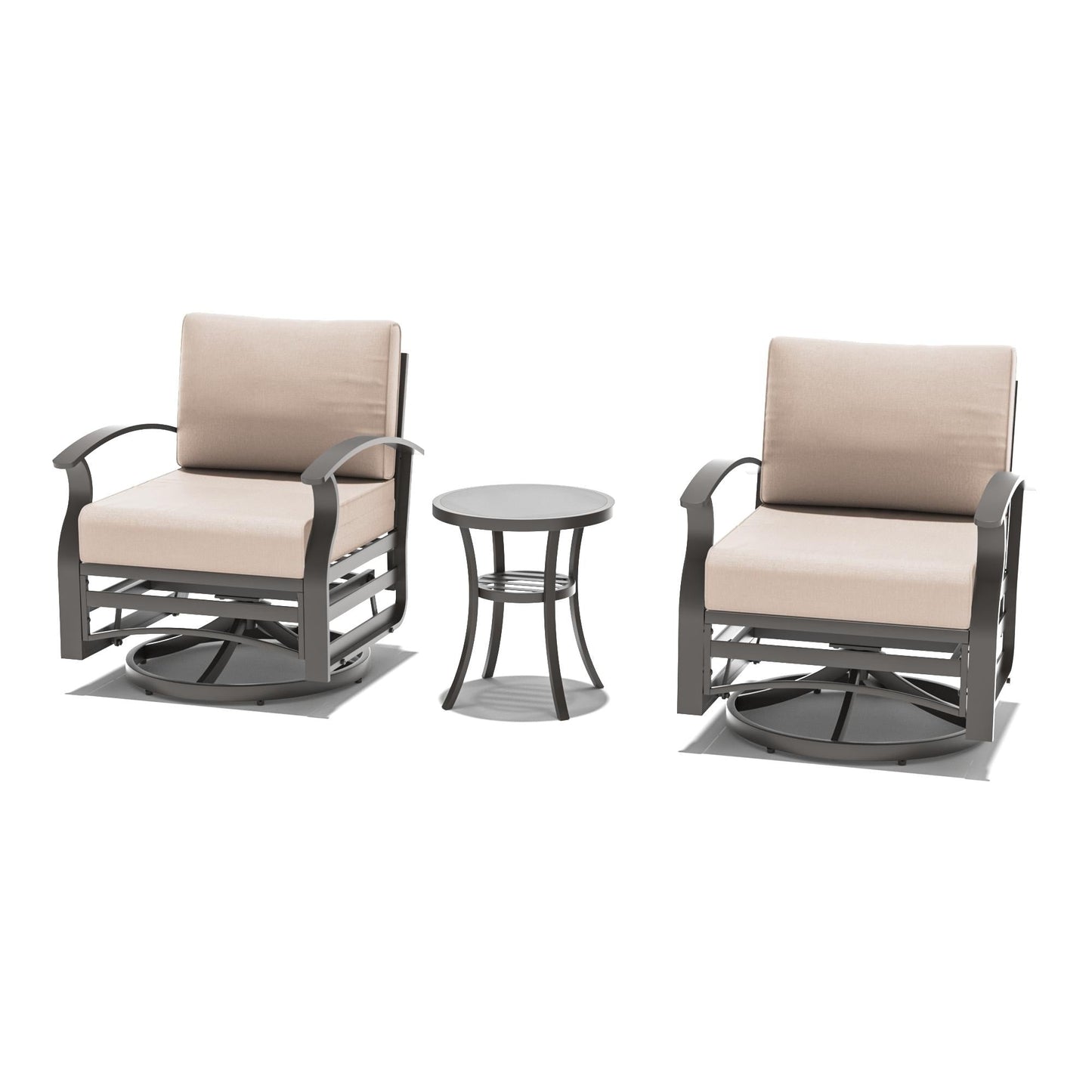 Ensemble de meubles de jardin en aluminium avec foyer, poufs, chaises pivotantes et canapé sectionnel avec coussins épais pour véranda et jardin
