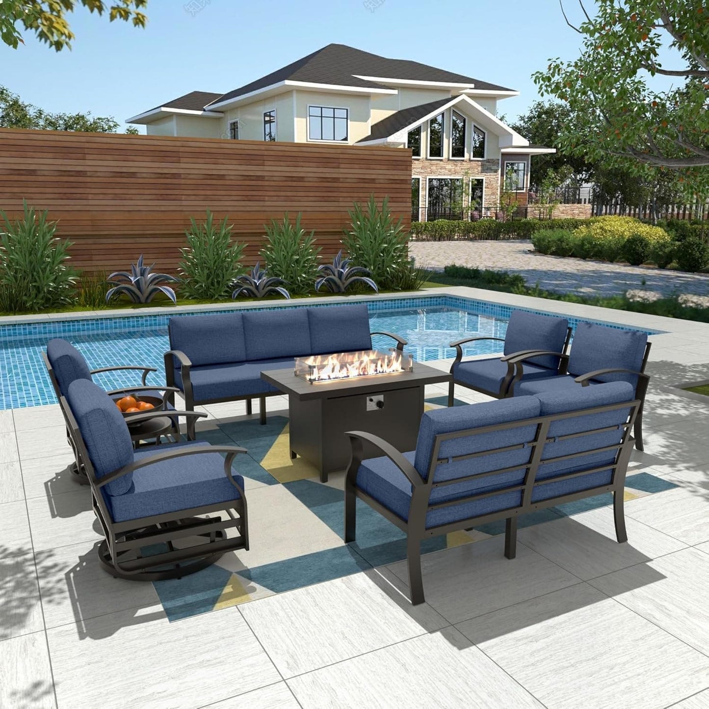Ensemble de meubles de jardin en aluminium avec foyer, poufs, chaises pivotantes et canapé sectionnel avec coussins épais pour véranda et jardin