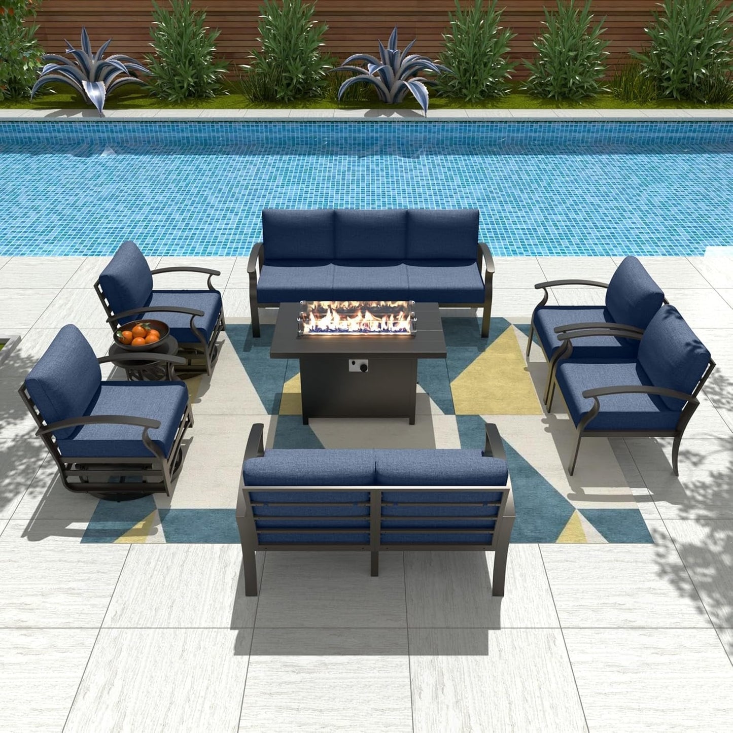 Ensemble de meubles de jardin en aluminium avec foyer, poufs, chaises pivotantes et canapé sectionnel avec coussins épais pour véranda et jardin
