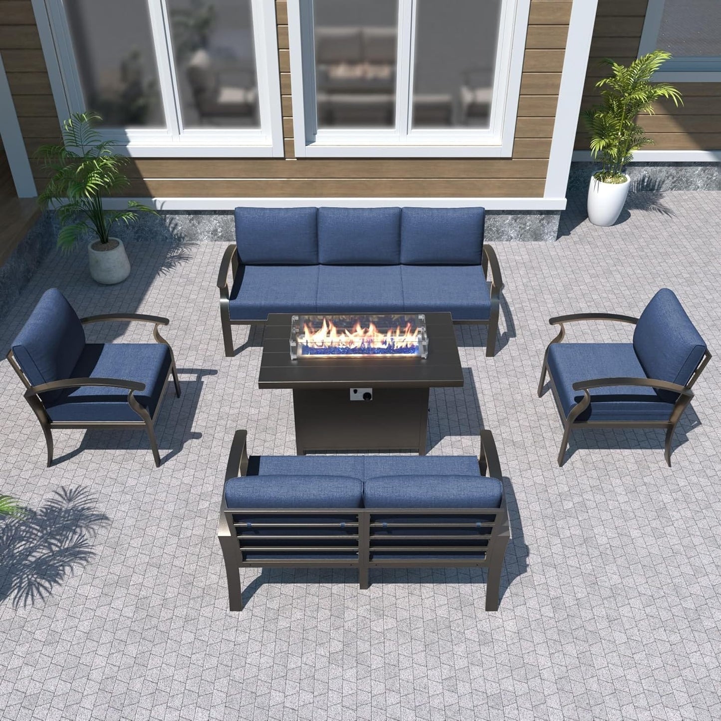Ensemble de meubles de jardin en aluminium avec foyer, poufs, chaises pivotantes et canapé sectionnel avec coussins épais pour véranda et jardin