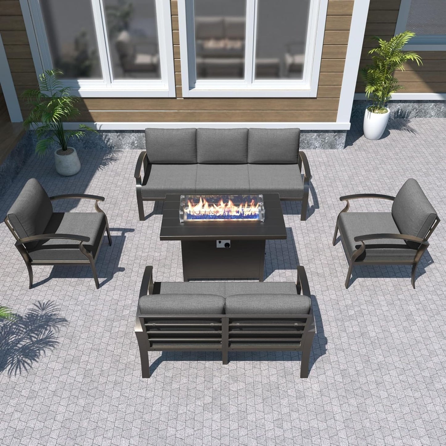 Ensemble de meubles de jardin en aluminium avec foyer, poufs, chaises pivotantes et canapé sectionnel avec coussins épais pour véranda et jardin