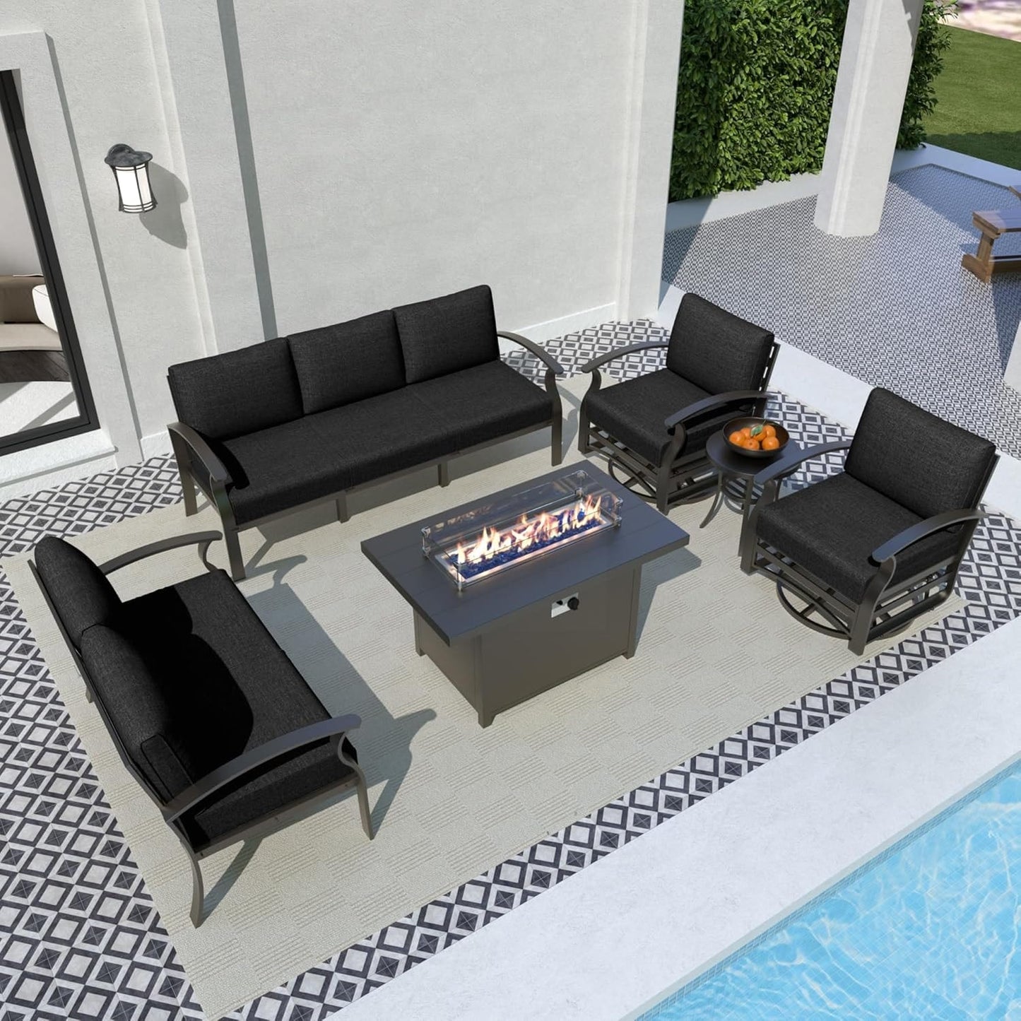 Ensemble de meubles de jardin en aluminium avec foyer, poufs, chaises pivotantes et canapé sectionnel avec coussins épais pour véranda et jardin