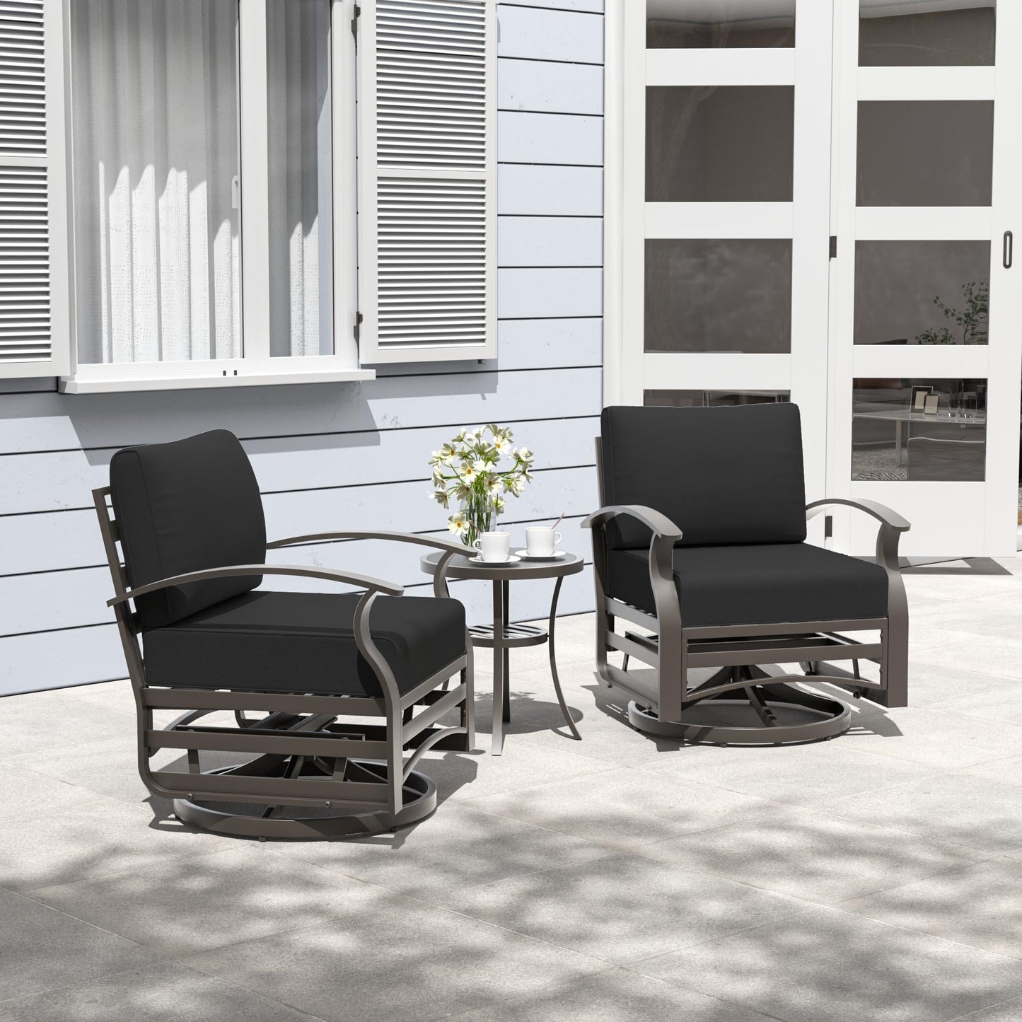 Ensemble de meubles de jardin en aluminium avec foyer, poufs, chaises pivotantes et canapé sectionnel avec coussins épais pour véranda et jardin