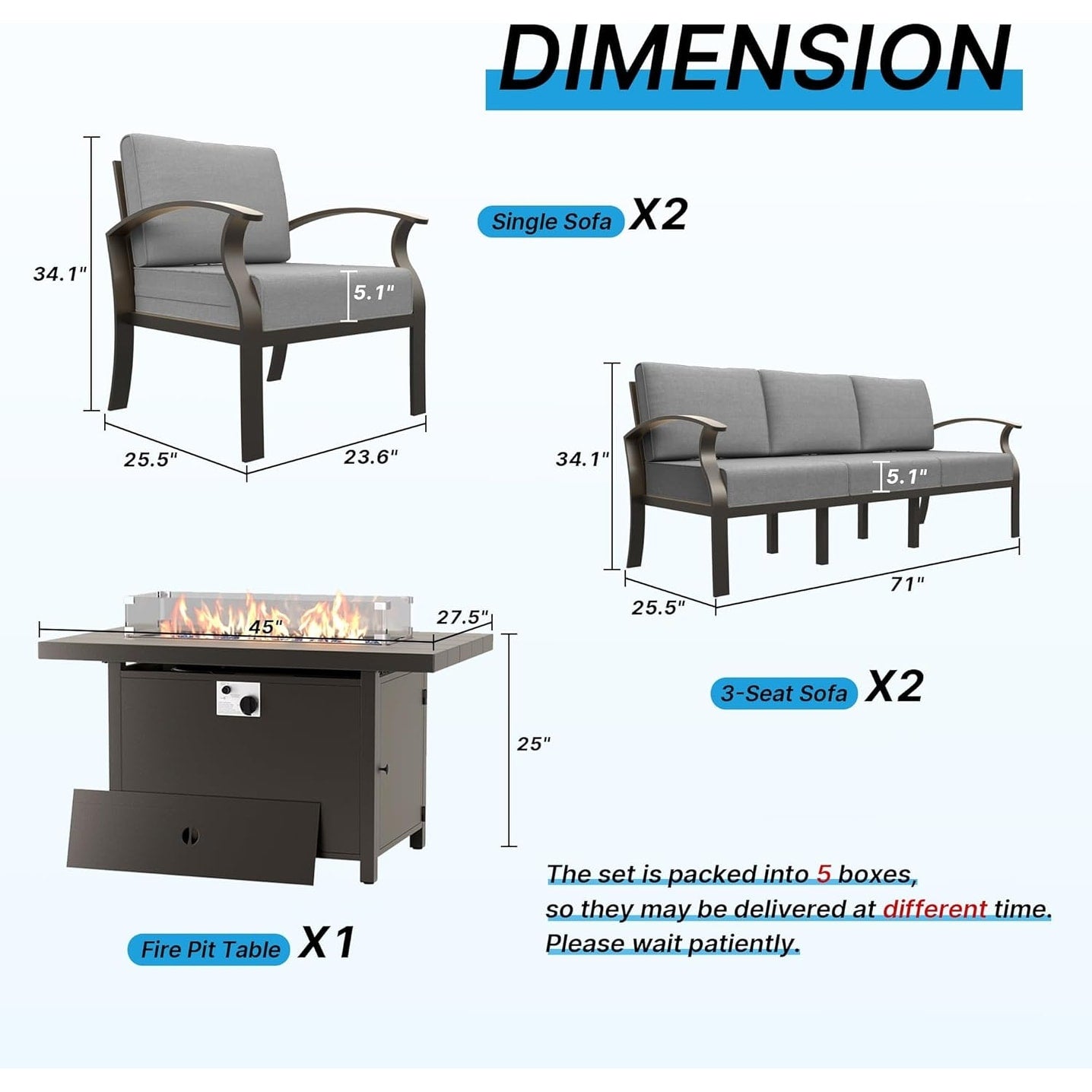 Ensemble de meubles de jardin en aluminium avec foyer, poufs, chaises pivotantes et canapé sectionnel avec coussins épais pour véranda et jardin