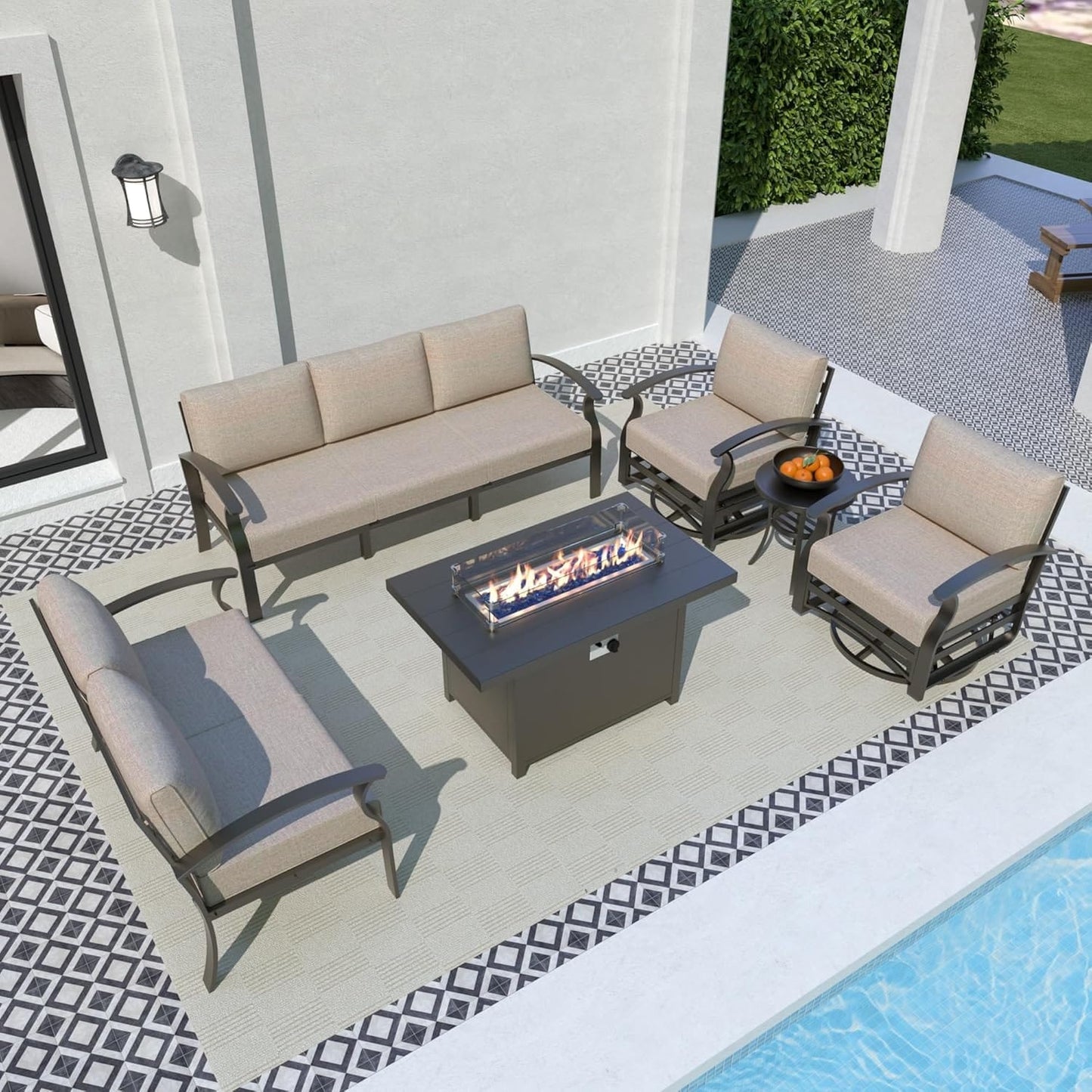 Ensemble de meubles de jardin en aluminium avec foyer, poufs, chaises pivotantes et canapé sectionnel avec coussins épais pour véranda et jardin