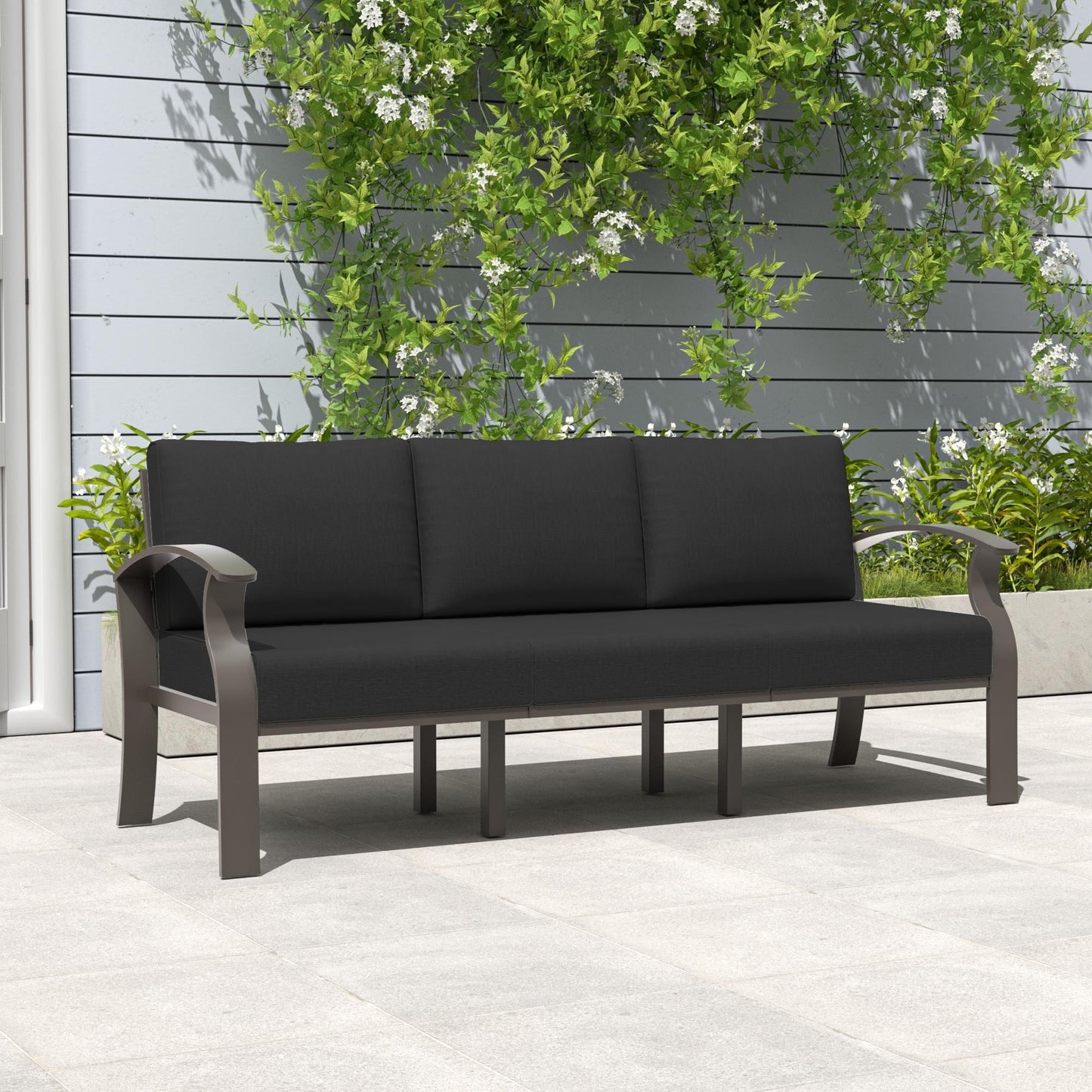 Ensemble de meubles de jardin en aluminium avec foyer, poufs, chaises pivotantes et canapé sectionnel avec coussins épais pour véranda et jardin