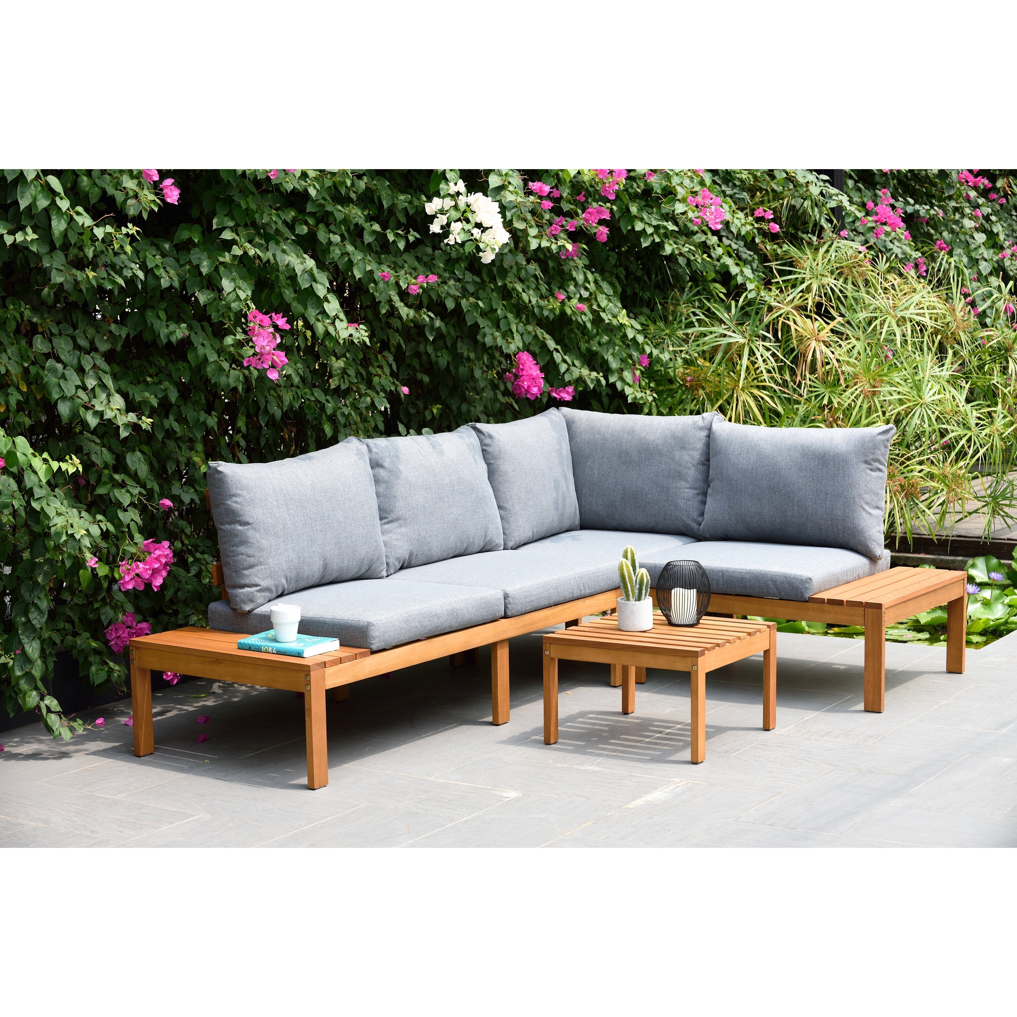 Ensemble de salon de jardin George en corde et bois, finition teck Amazonia