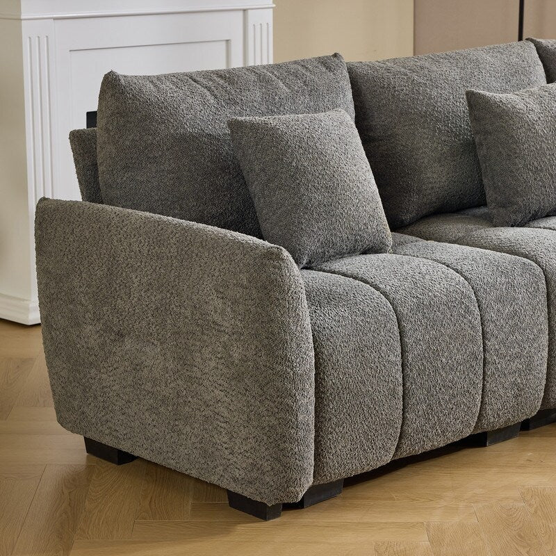 Canapé capitonné américain en tissu bouclé avec pouf - 3 places, 1 pouf