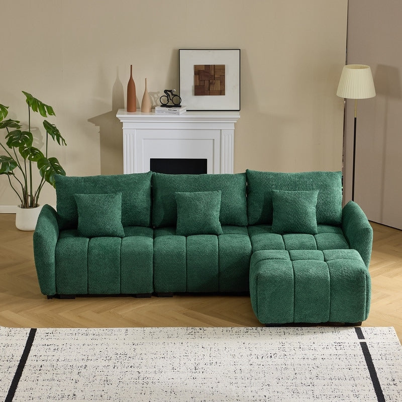 Canapé capitonné américain en tissu bouclé avec pouf - 3 places, 1 pouf