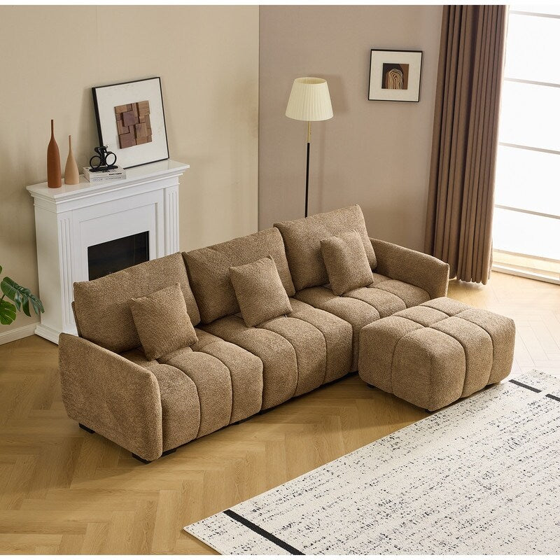 Canapé capitonné américain en tissu bouclé avec pouf - 3 places, 1 pouf