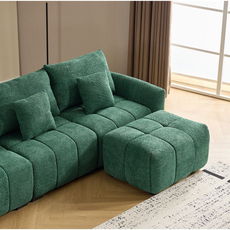 Canapé capitonné américain en tissu bouclé avec pouf - 3 places, 1 pouf
