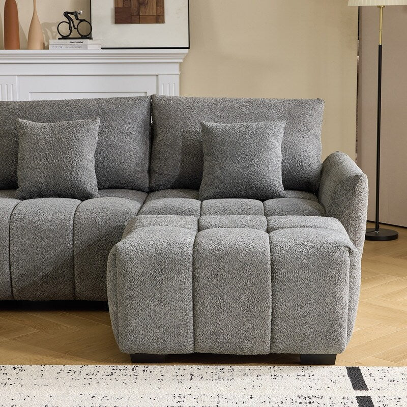 Canapé capitonné américain en tissu bouclé avec pouf - 3 places, 1 pouf