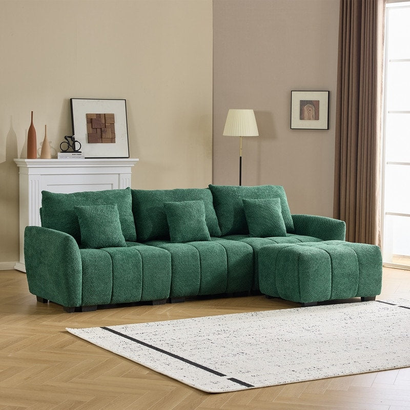 Canapé capitonné américain en tissu bouclé avec pouf - 3 places, 1 pouf