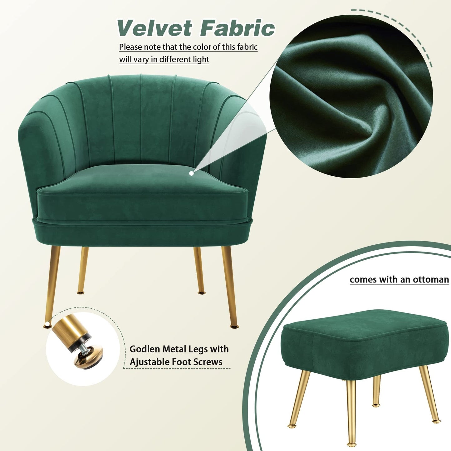 Fauteuil d'appoint Andeworld avec pouf, fauteuil d'appoint moderne rembourré, fauteuil de salon confortable en forme de tonneau