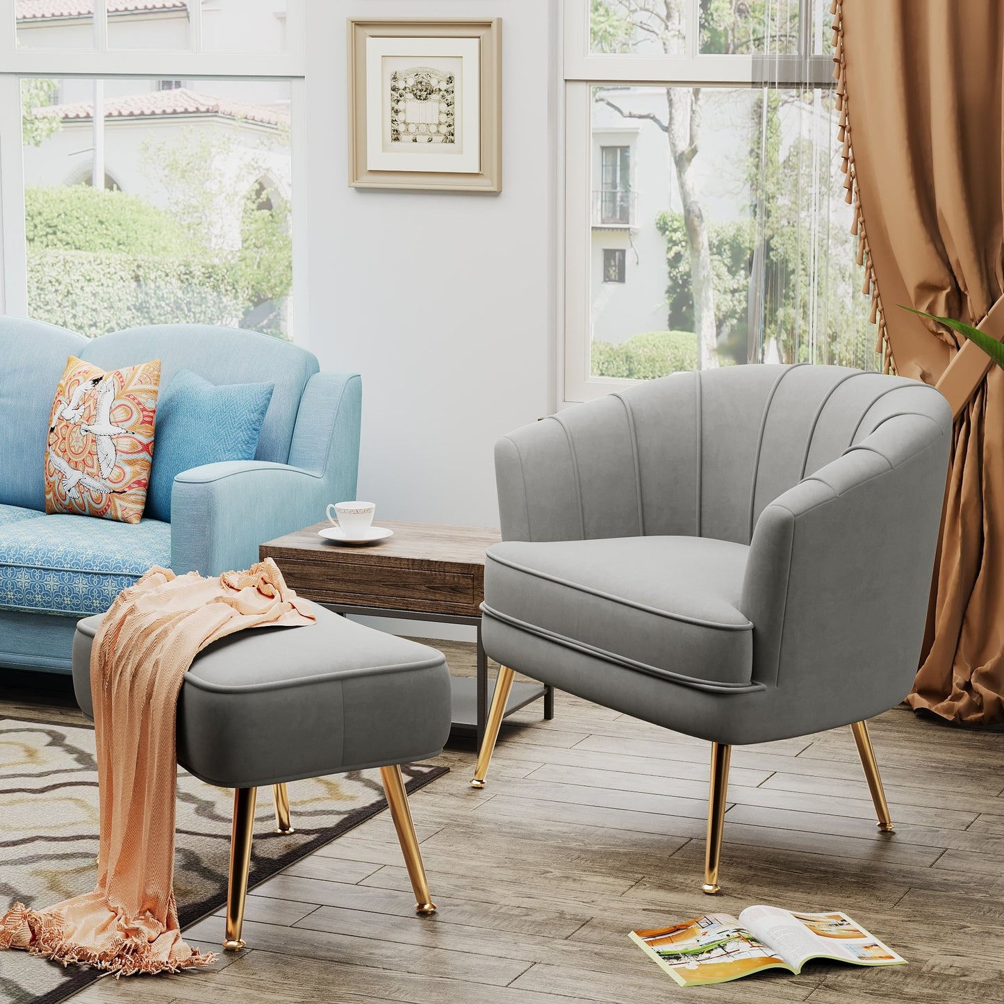 Fauteuil d'appoint Andeworld avec pouf, fauteuil d'appoint moderne rembourré, fauteuil de salon confortable en forme de tonneau