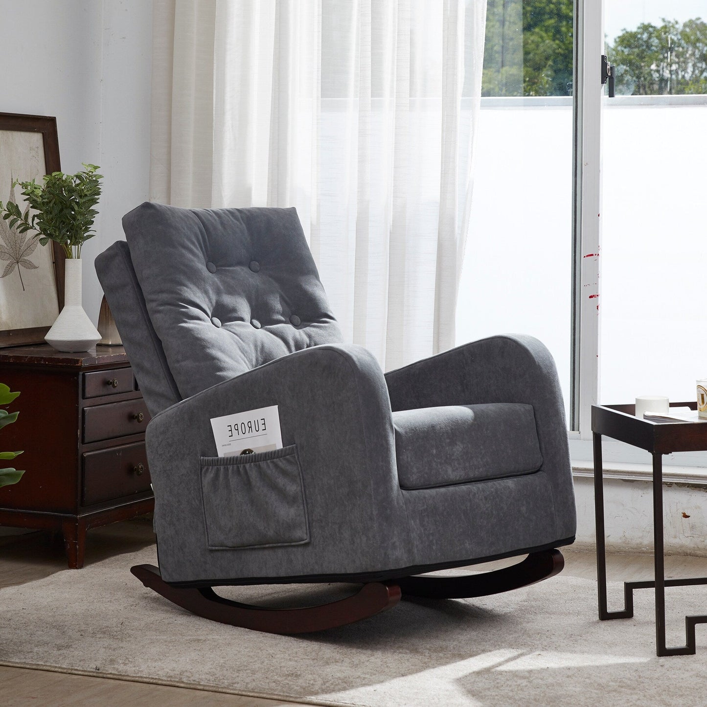 Fauteuil à bascule gris antique à dossier haut avec pieds en bois massif et poche latérale (28,74 po)