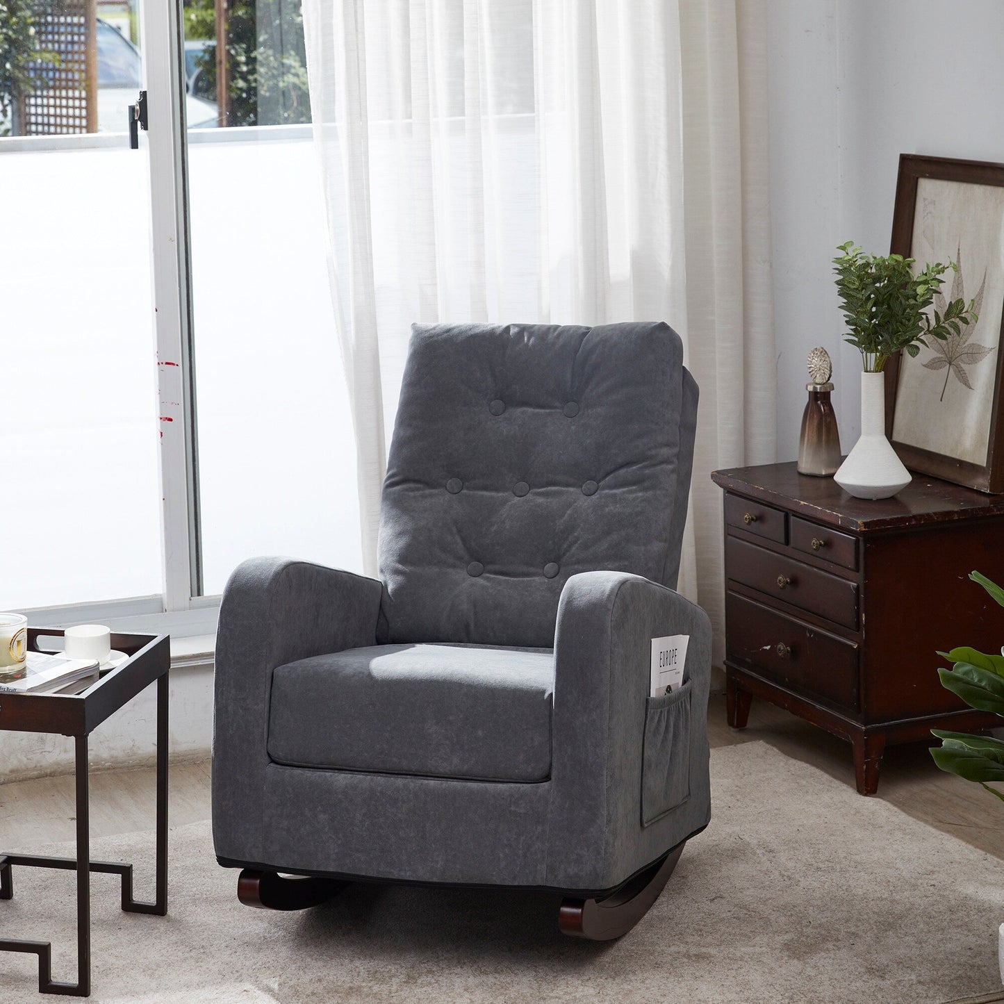 Fauteuil à bascule gris antique à dossier haut avec pieds en bois massif et poche latérale (28,74 po)