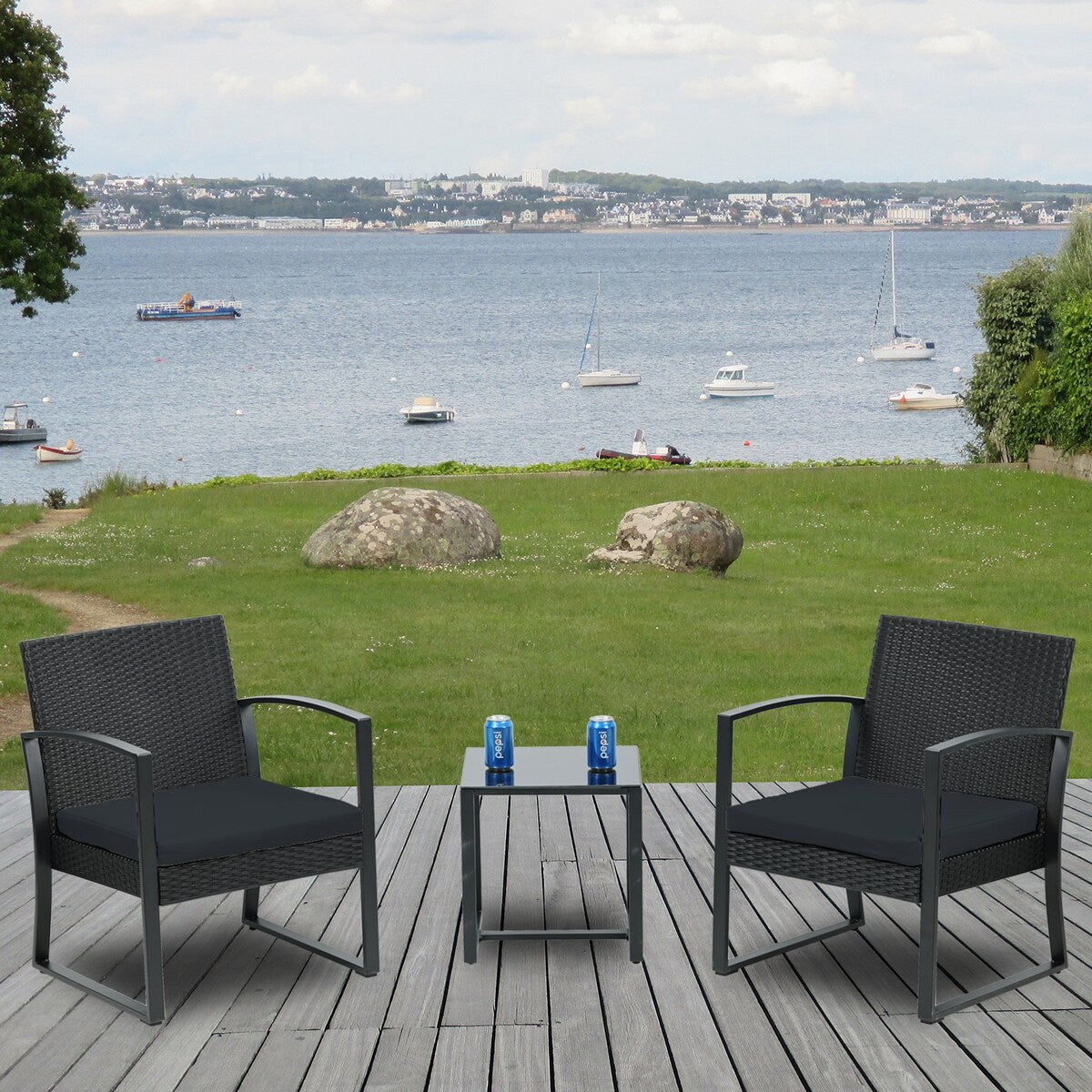 Ensemble de meubles de jardin Aoodor 3 pièces – Chaises d'extérieur en rotin avec table et canapé, coussins inclus – N/A