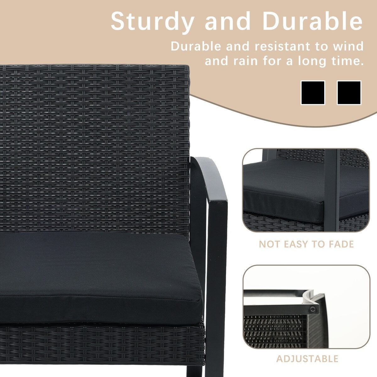 Ensemble de meubles de jardin Aoodor 3 pièces – Chaises d'extérieur en rotin avec table et canapé, coussins inclus – N/A