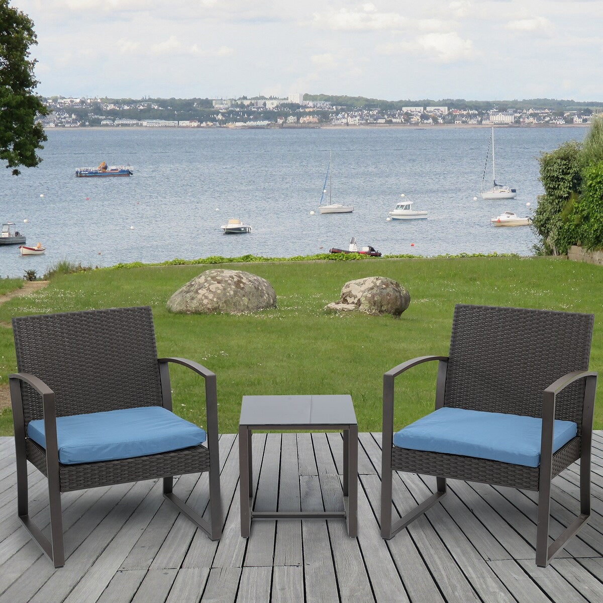 Ensemble de meubles de jardin Aoodor 3 pièces – Chaises d'extérieur en rotin avec table et canapé, coussins inclus – N/A