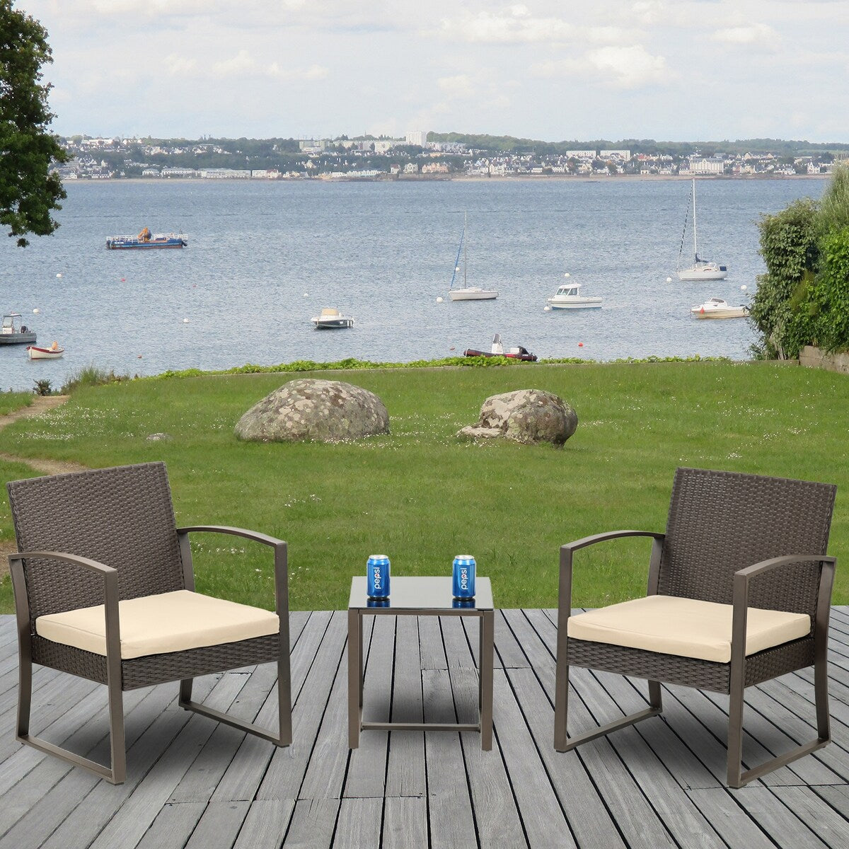 Ensemble de meubles de jardin Aoodor 3 pièces – Chaises d'extérieur en rotin avec table et canapé, coussins inclus – N/A