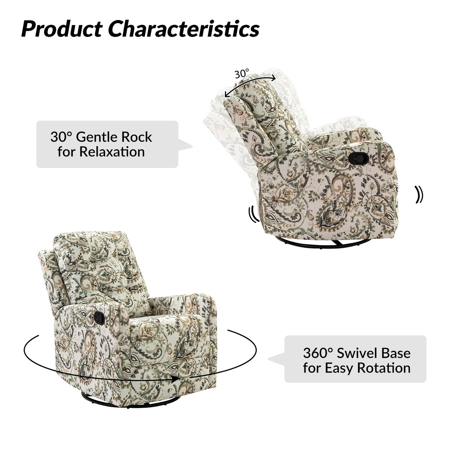 Fauteuil inclinable pivotant manuel Arlette Floral avec dossier capitonné, lot de 2