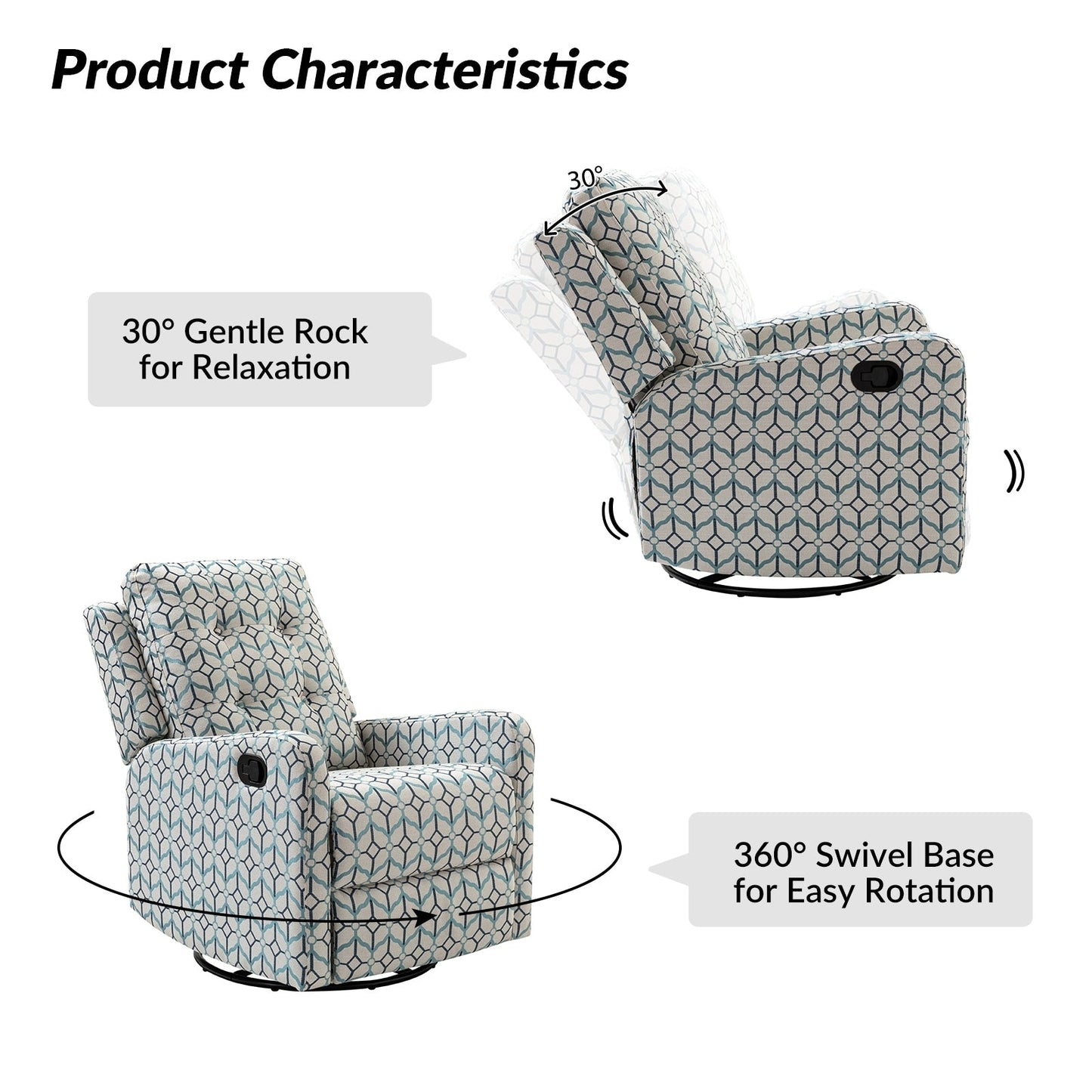 Fauteuil inclinable pivotant manuel Arlette Floral avec dossier capitonné, lot de 2