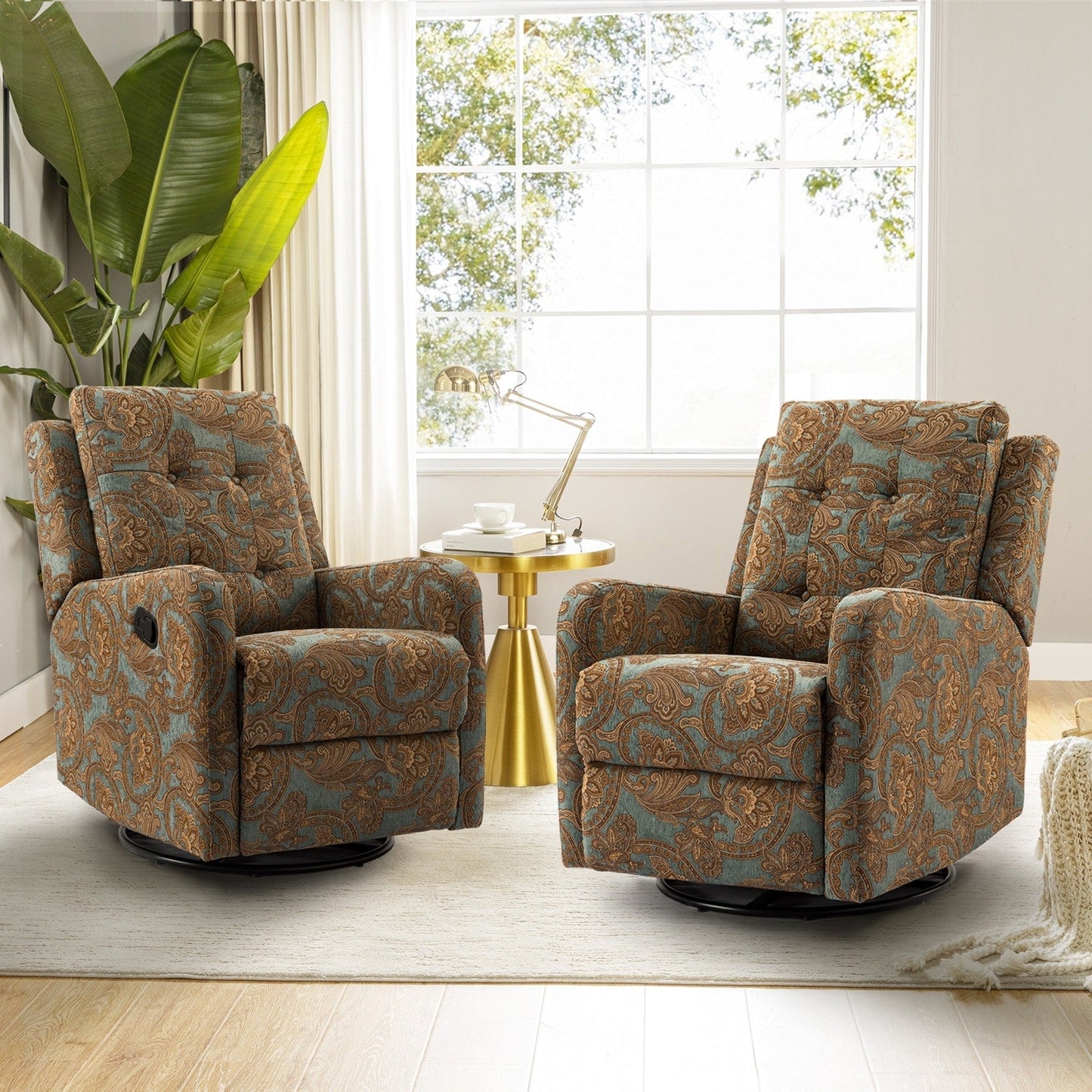 Fauteuil inclinable pivotant manuel Arlette Floral avec dossier capitonné, lot de 2