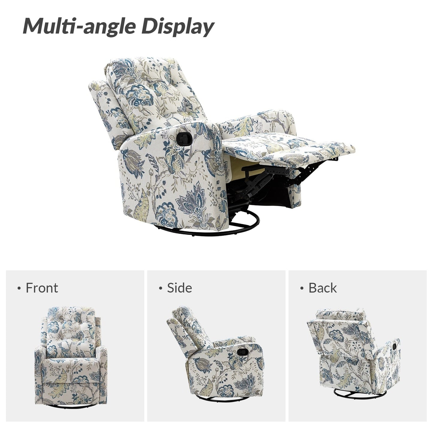 Fauteuil inclinable manuel pivotant Arlette à motif floral contemporain avec dossier capitonné