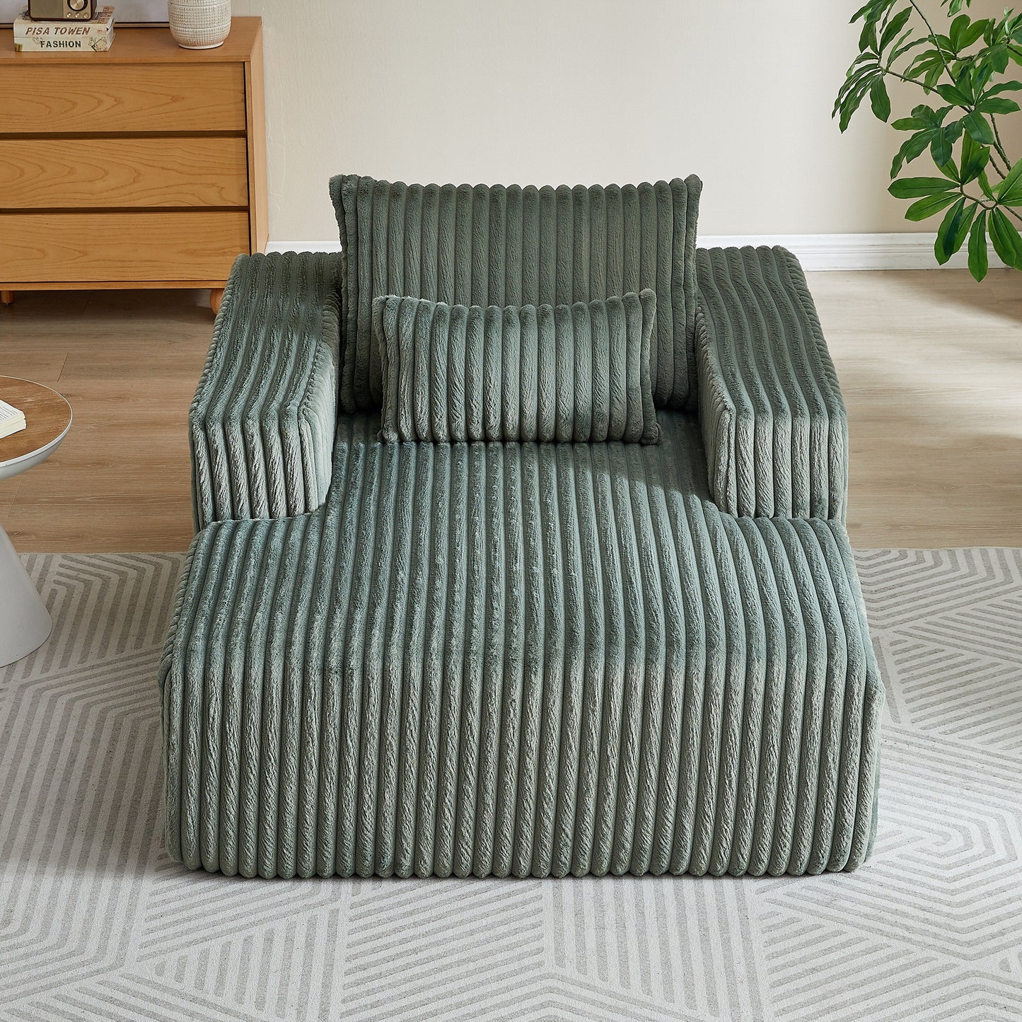 Fauteuil de salon moderne en velours côtelé vert armée de 62,5 po avec 2 coussins