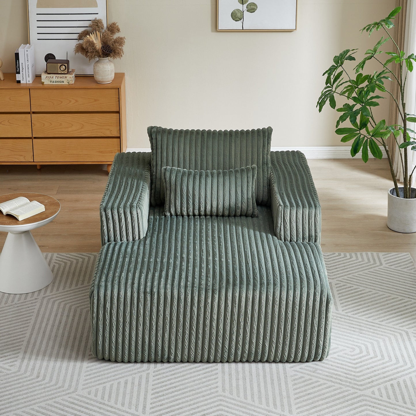 Fauteuil de salon moderne en velours côtelé vert armée de 62,5 po avec 2 coussins