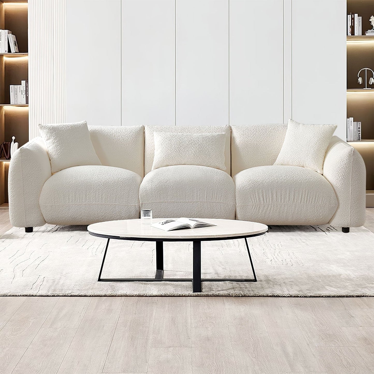 Canapé en tissu bouclé beige 102,36'' avec oreillers et coussin épais