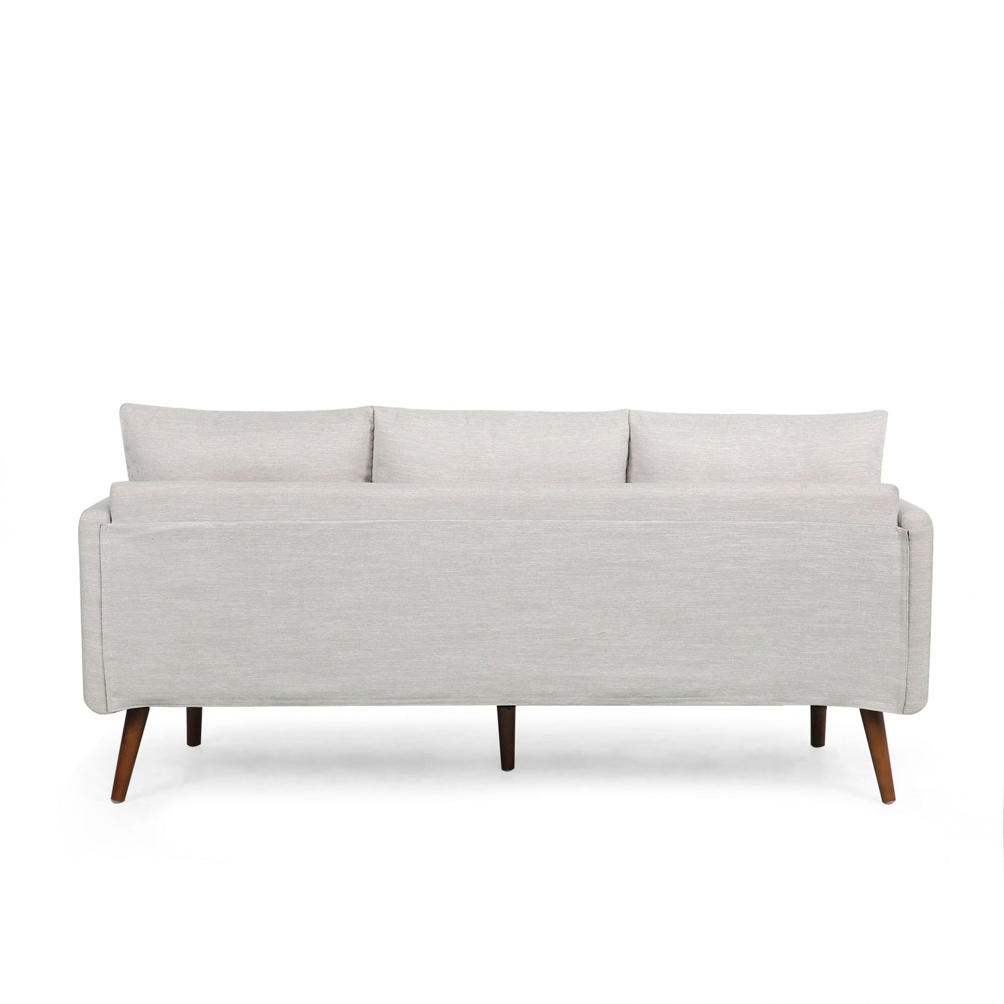 Canapé 3 places beige avec pieds et coussins en bouleau