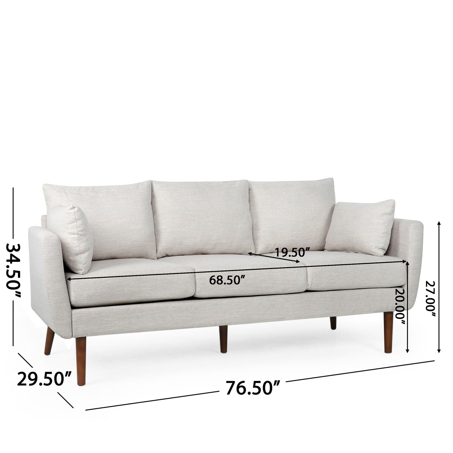 Canapé 3 places beige avec pieds et coussins en bouleau