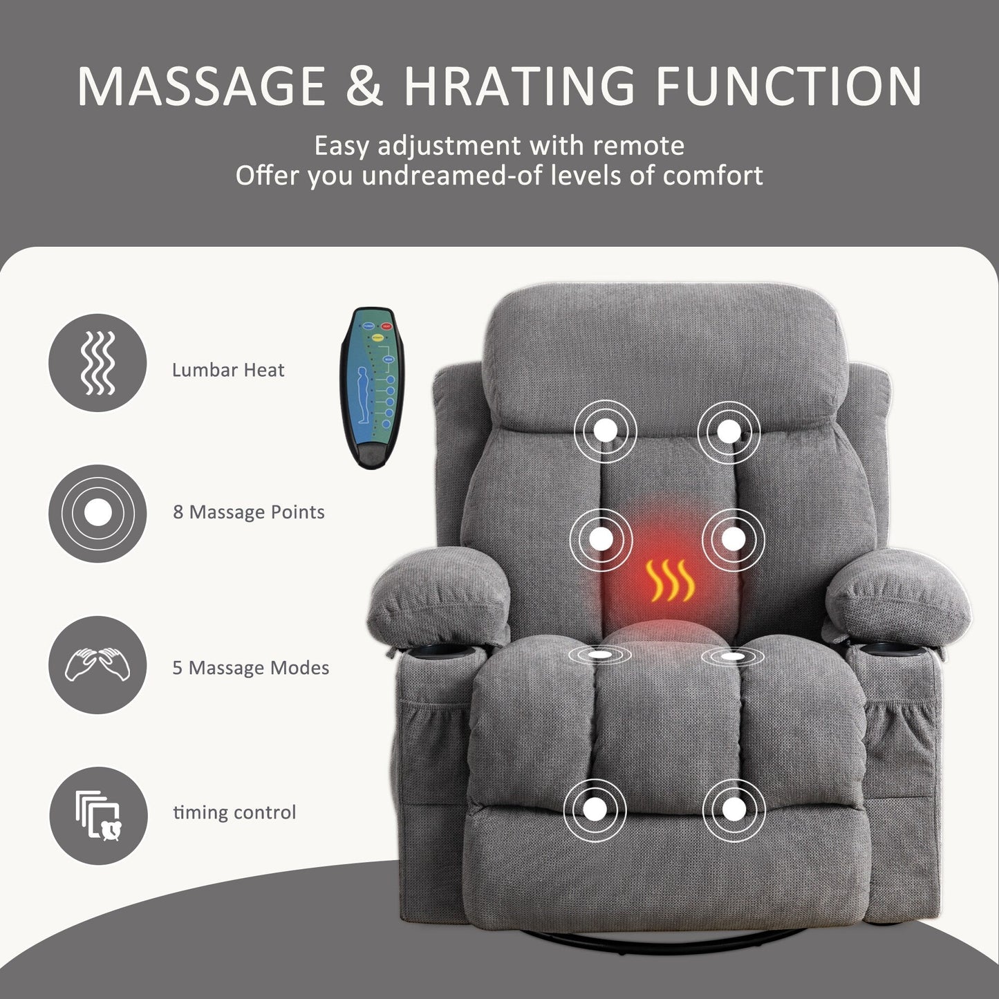 Fauteuil inclinable beige pivotant à 360 degrés avec massage et chauffage, chargement USB, 2 porte-gobelets, grandes poches latérales