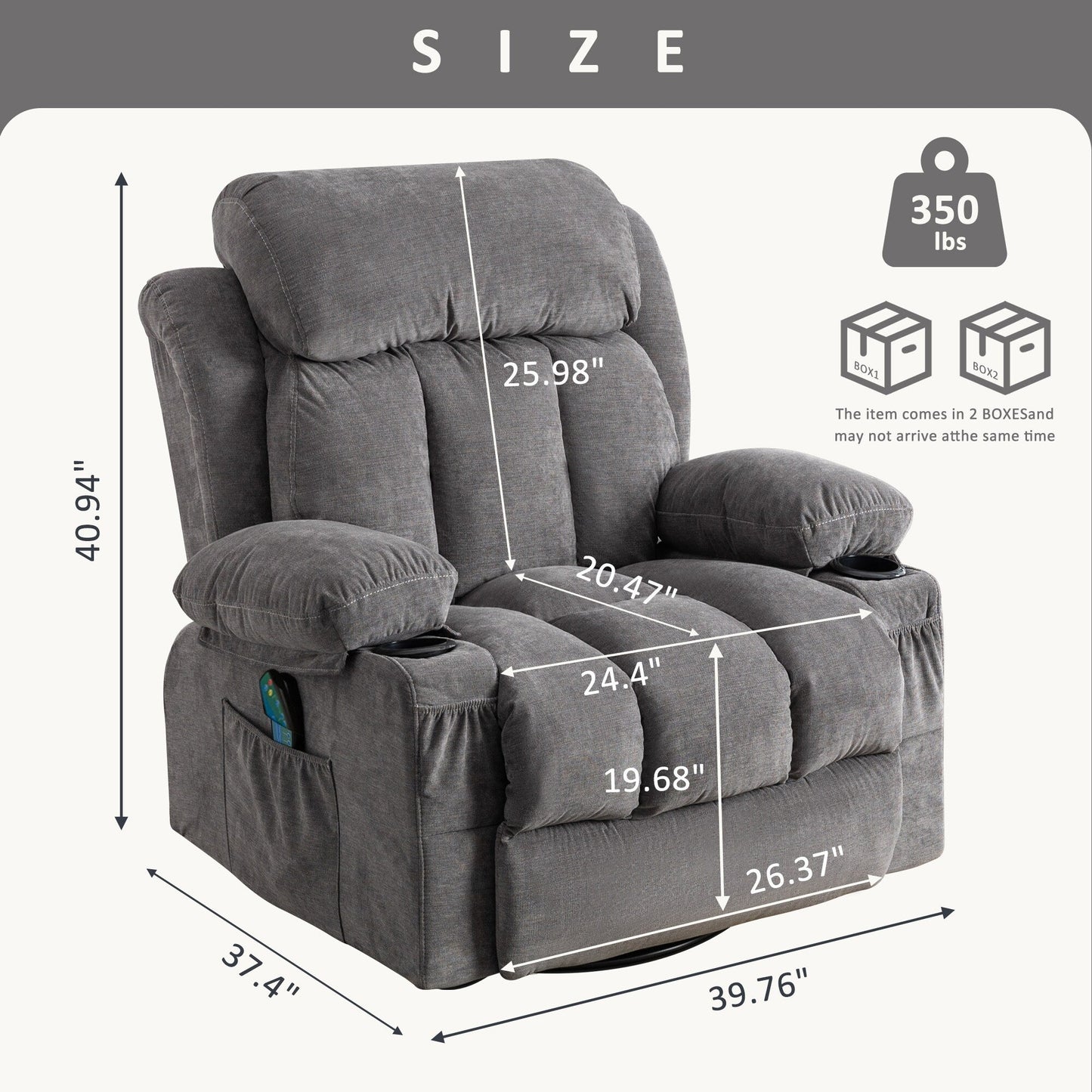 Fauteuil inclinable beige pivotant à 360 degrés avec massage et chauffage, chargement USB, 2 porte-gobelets, grandes poches latérales