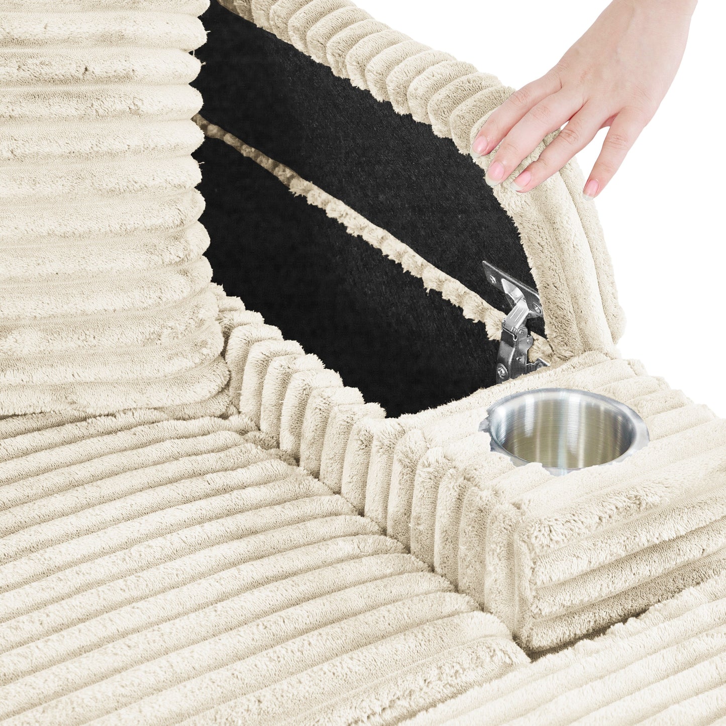 Canapé simple en velours côtelé beige 42,52 po avec pouf amovible, accoudoirs de rangement et 2 coussins décoratifs