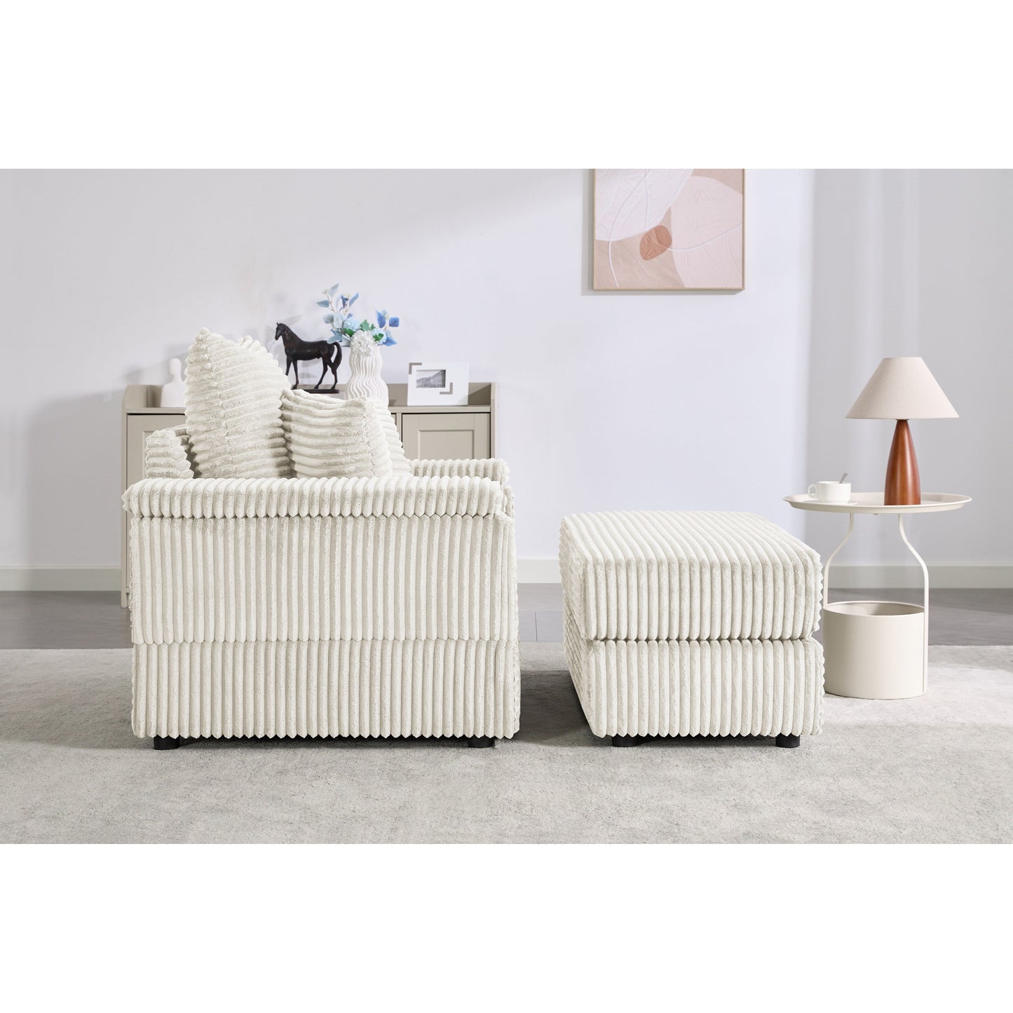 Canapé simple en velours côtelé beige 42,52 po avec pouf amovible, accoudoirs de rangement et 2 coussins décoratifs
